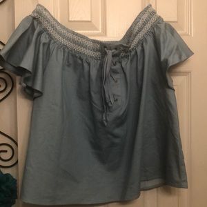 Blue, lace up, off the shoulder shirt